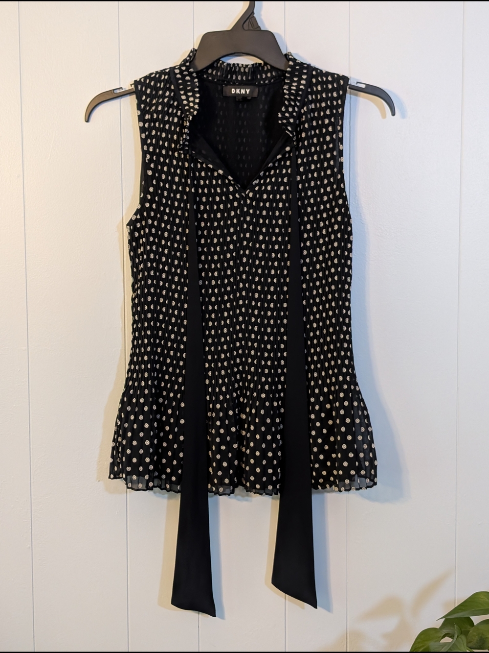 DKNY Black and Ivory Polka Dot Tie-Neck Sleeveless Top